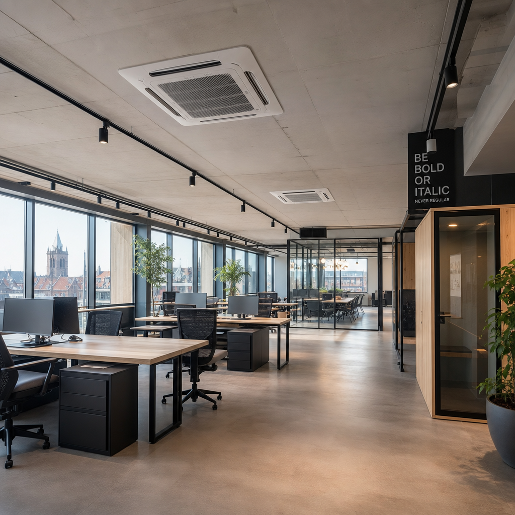 Espace de bureau moderne avec unités au plafond nécessitant un entretien climatisation.