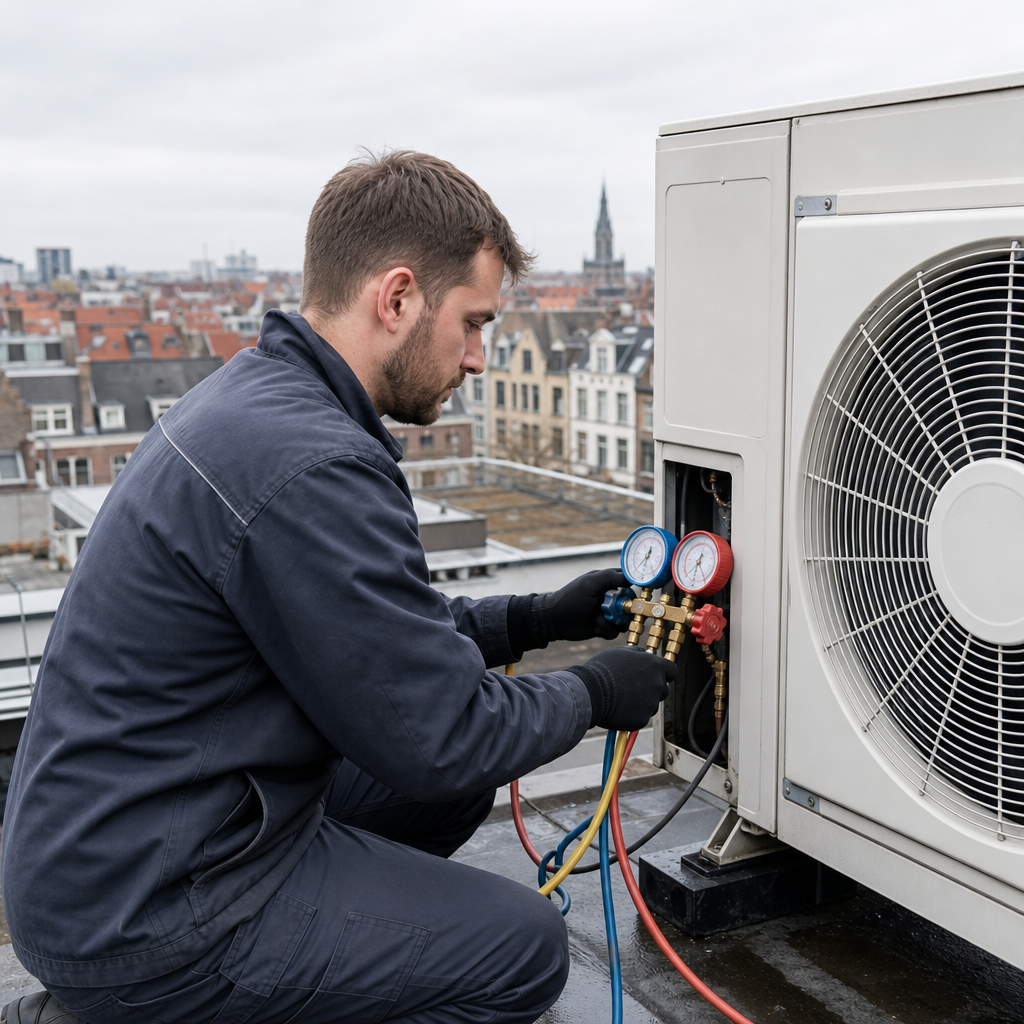 Technicien réalisant l'entretien climatisation d'une unité extérieure sur un toit.