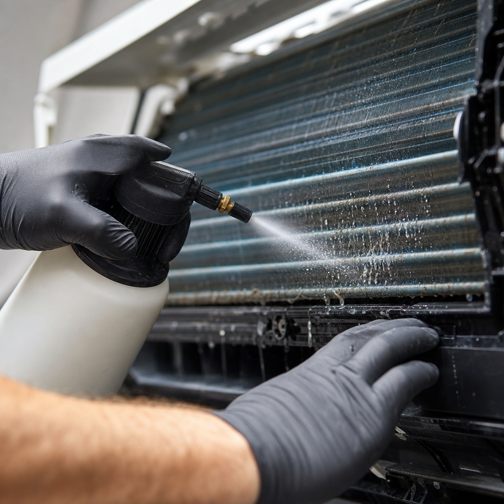 Technicien réalisant un entretien climatisation avec un spray nettoyant.