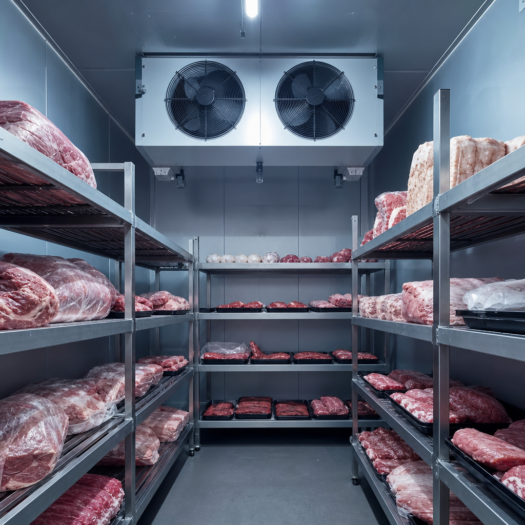 Chambre froide industrielle avec de la viande stockée sur des étagères, illustrant l'importance de l'entretien