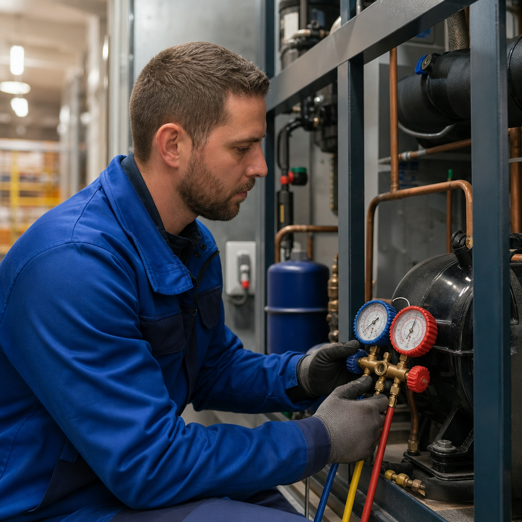Technicien effectuant un entretien réfrigération commerciale belgique sur un système.