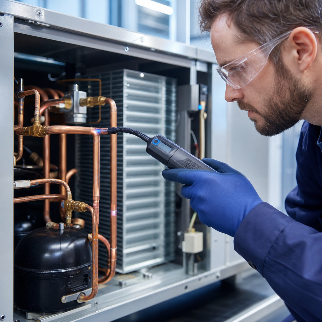 Technicien réalisant un entretien de réfrigération commerciale en Belgique