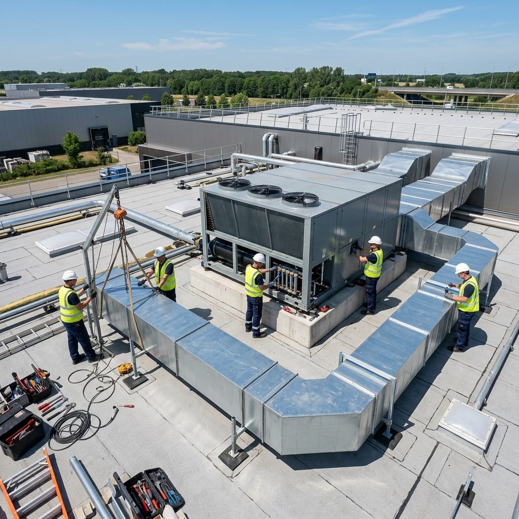 Chantier d'installation hvac industriel belgique sur le toit d'un bâtiment.