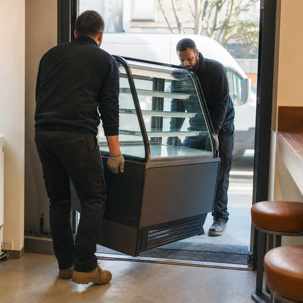Deux techniciens réalisant une installation vitrine réfrigérée en Belgique.
