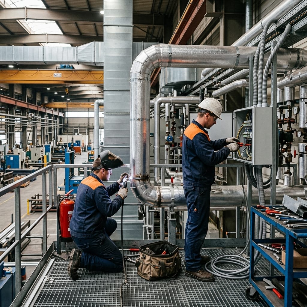 Deux techniciens sur un chantier d'installation HVAC industriel en Belgique.
