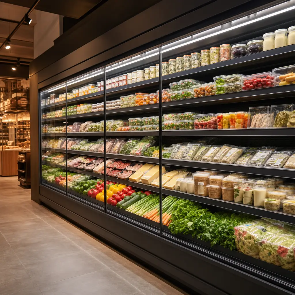Installation vitrine réfrigérée Belgique : rayonnage garni de produits frais