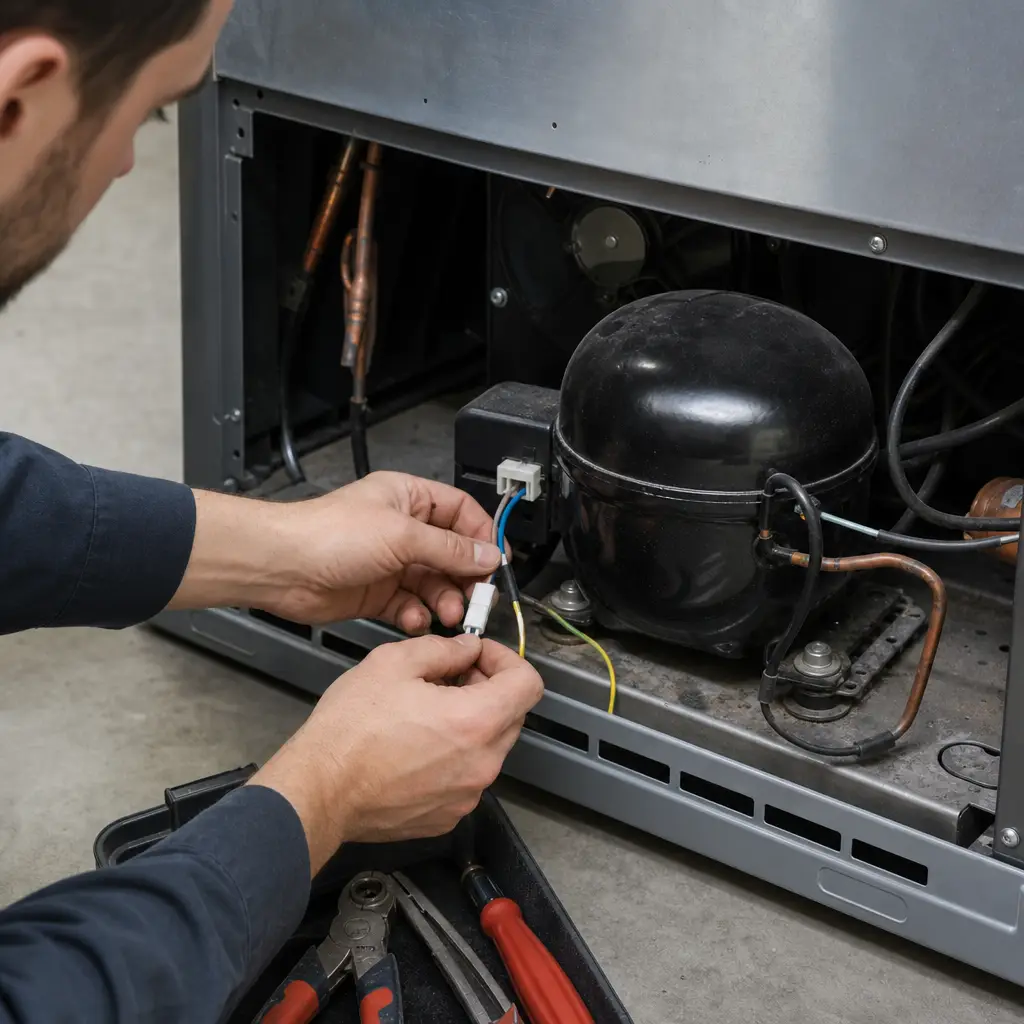 Technicien effectuant l'installation d'une vitrine réfrigérée en Belgique