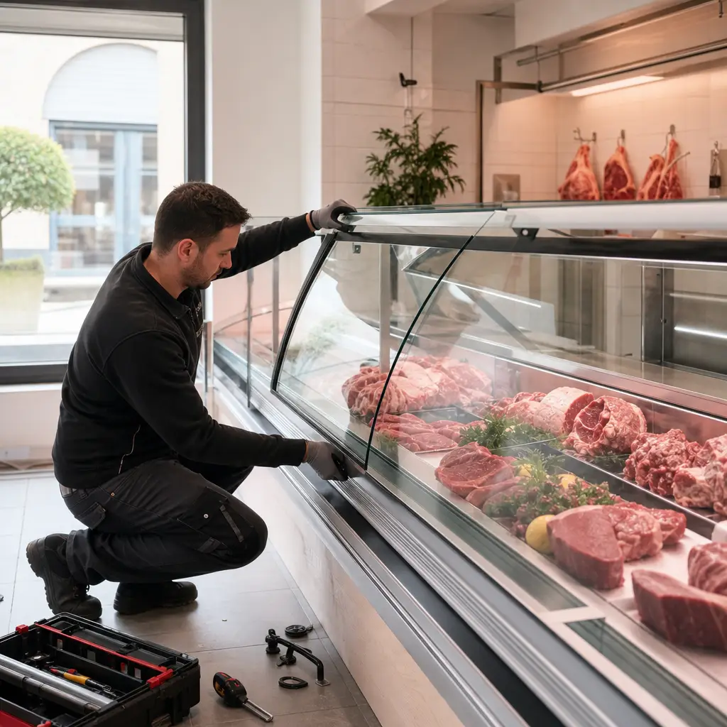 Technicien expert en installation vitrine réfrigérée belgique dans une boucherie.