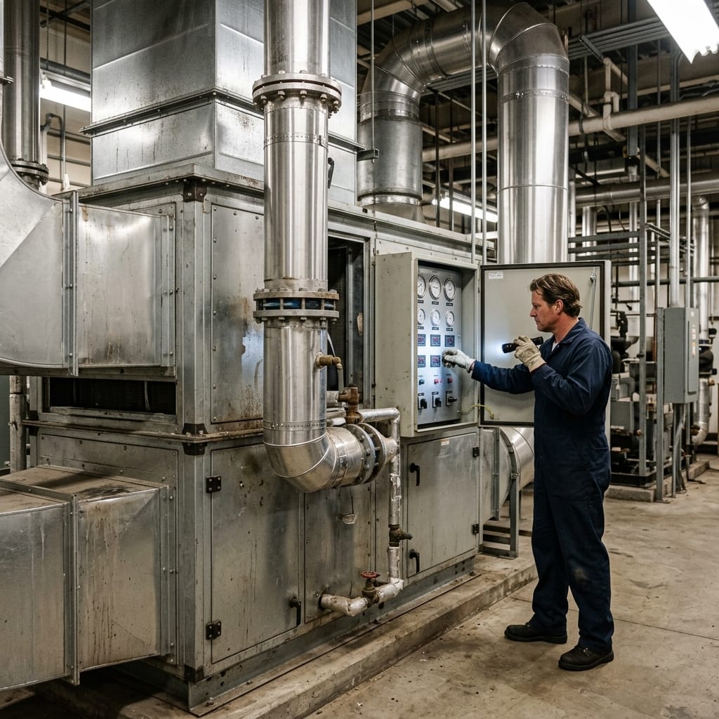 Technicien inspectant une installation hvac industriel belgique