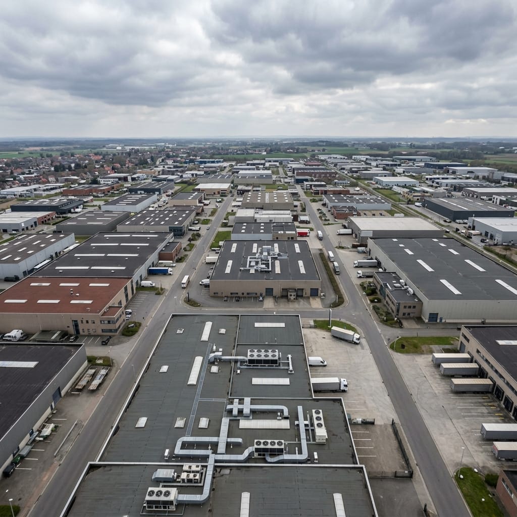 Vue aérienne d'une zone industrielle avec toits équipés d'installations HVAC industriel en Belgique.