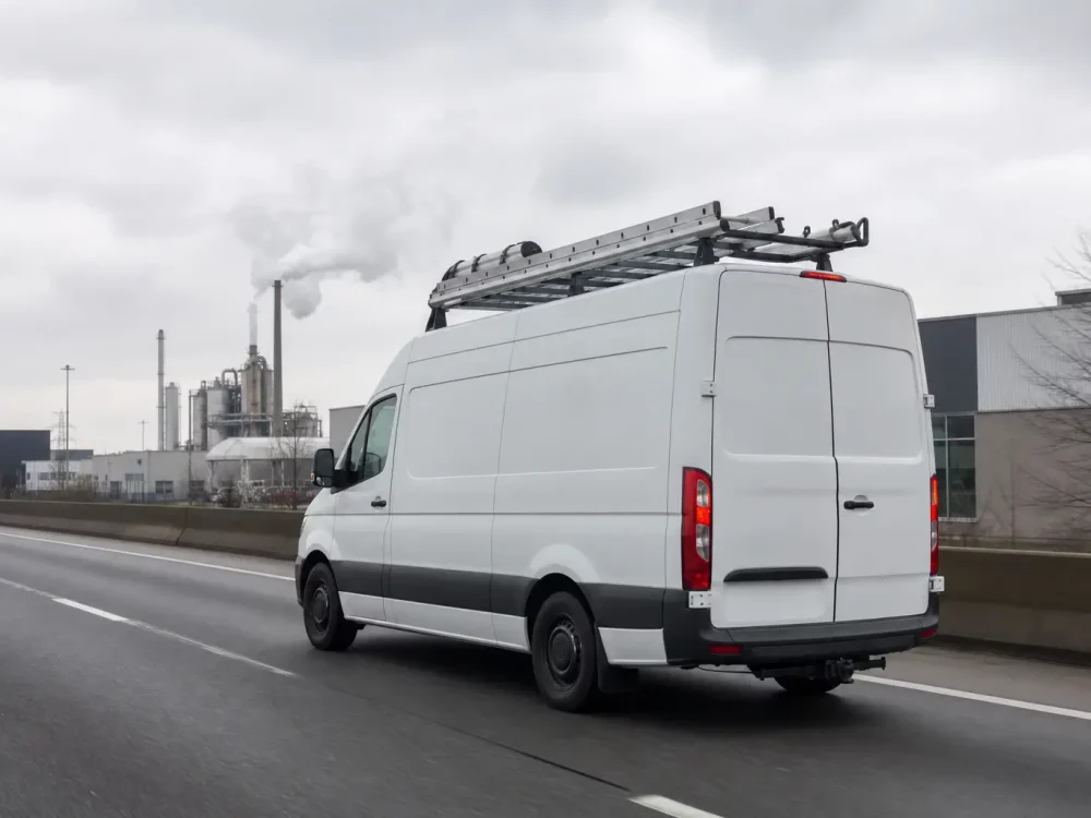 Camionnette blanche équipée d'échelles sur le toit roulant sur une autoroute
