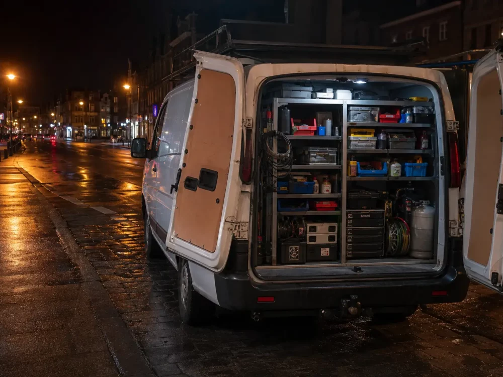 Camionnette d'intervention ouverte la nuit pour dépannage chambre froide belgique.