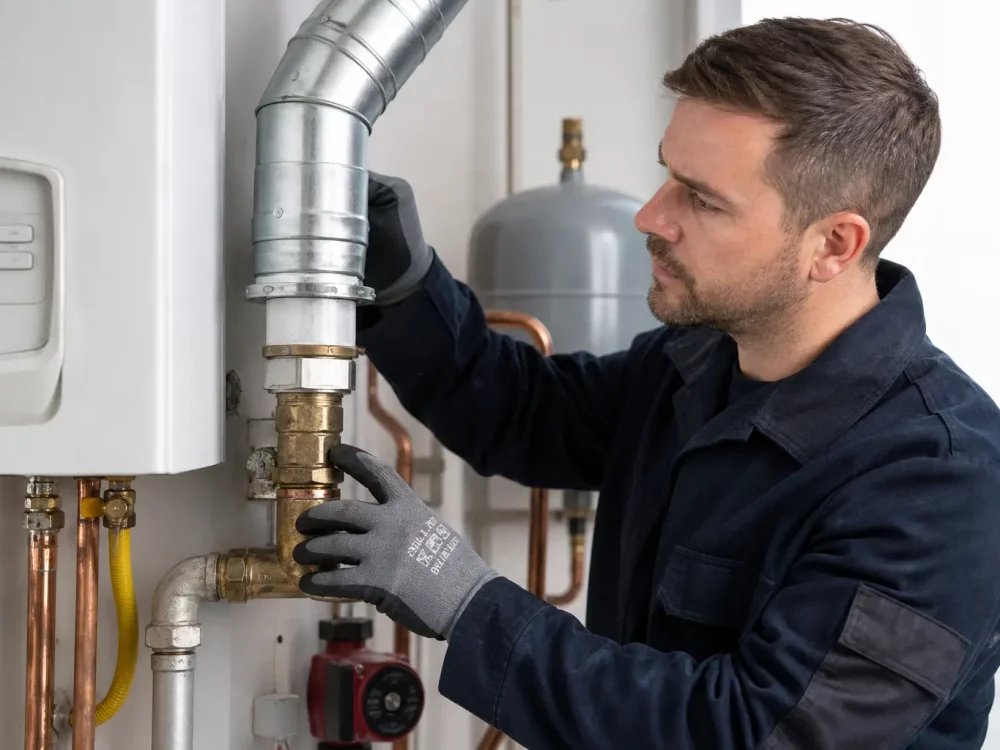 Chauffagiste professionnel réalisant une installation chaudière gaz belgique.
