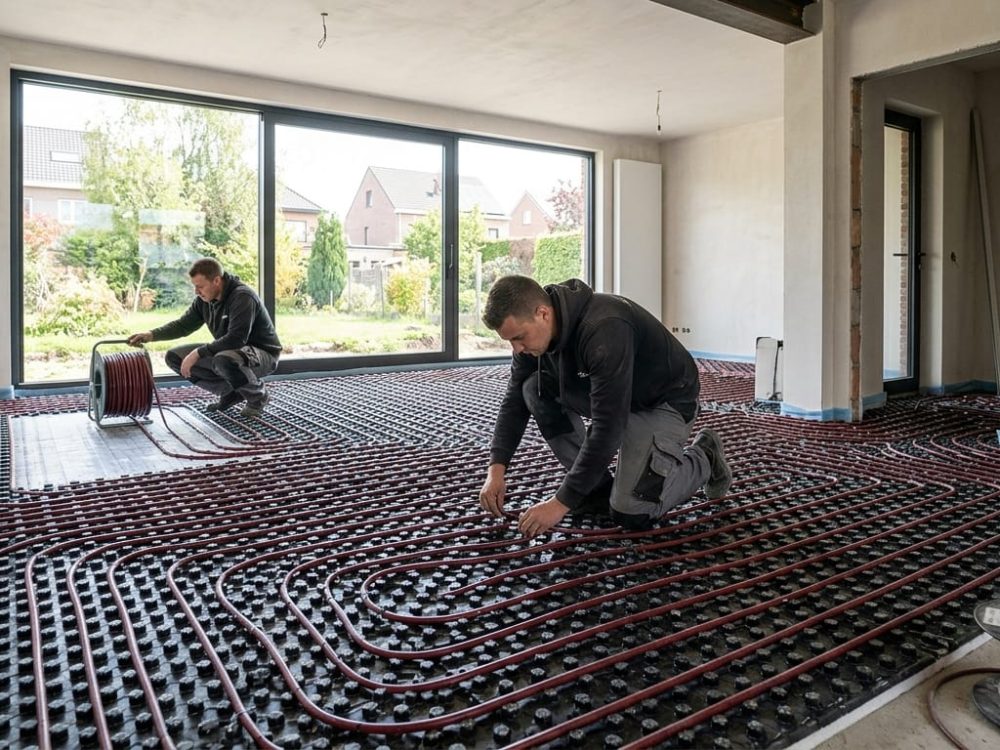 Deux techniciens posent un système de chauffage par le sol dans une maison belge moderne