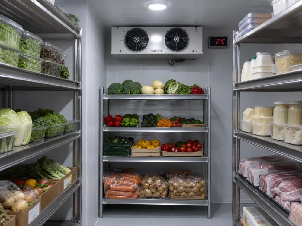 Exemple d'installation chambre froide Belgique avec étagères de produits frais.