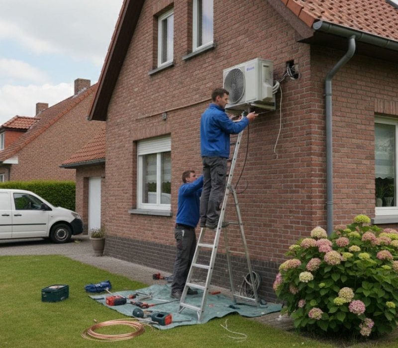 Installation climatisation extérieure par deux techniciens Refritech sur façade en briques