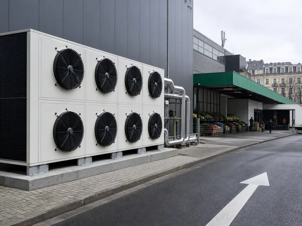 Installation groupe frigorifique en Belgique avec huit ventilateurs près d'un quai de chargement.