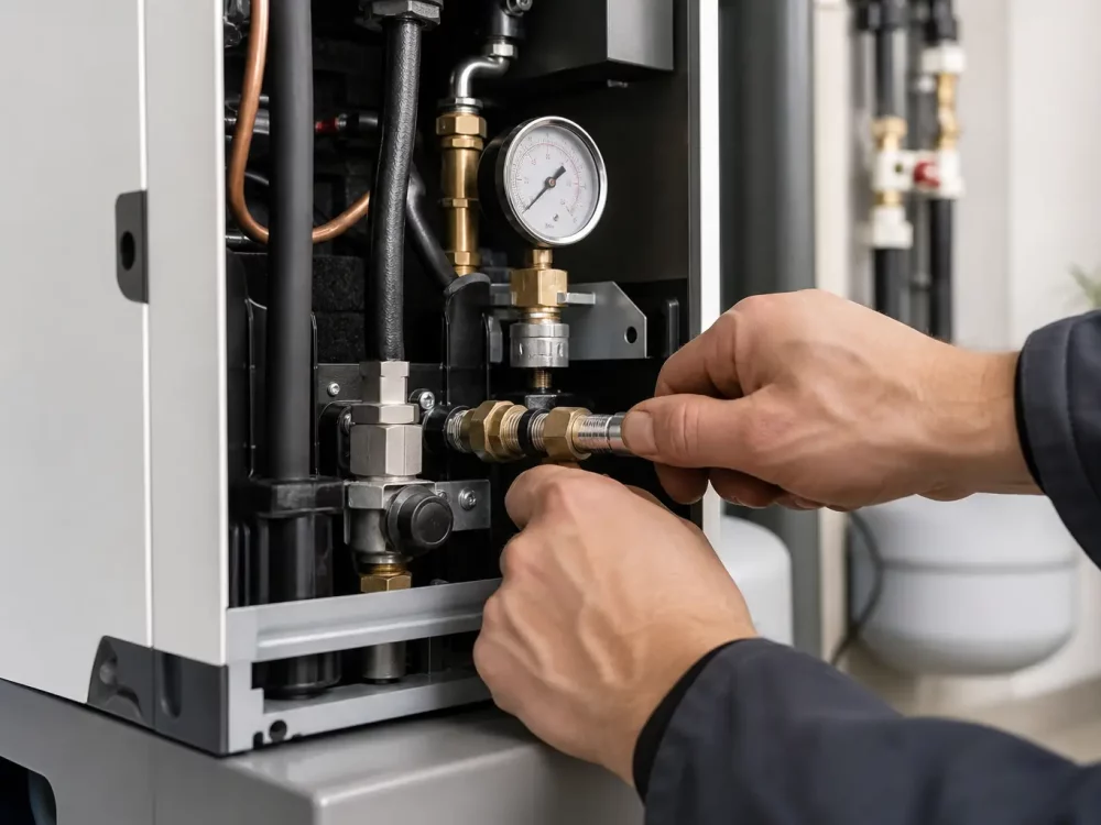 Mains d'un technicien lors de l'installation pompe à chaleur chauffage.