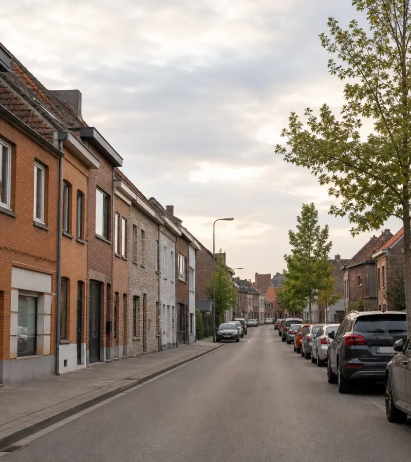 Rue résidentielle typique en Belgique avec maisons en briques