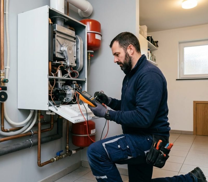 Technicien certifié effectuant un dépannage et entretien chauffage en Belgique sur une chaudière à gaz