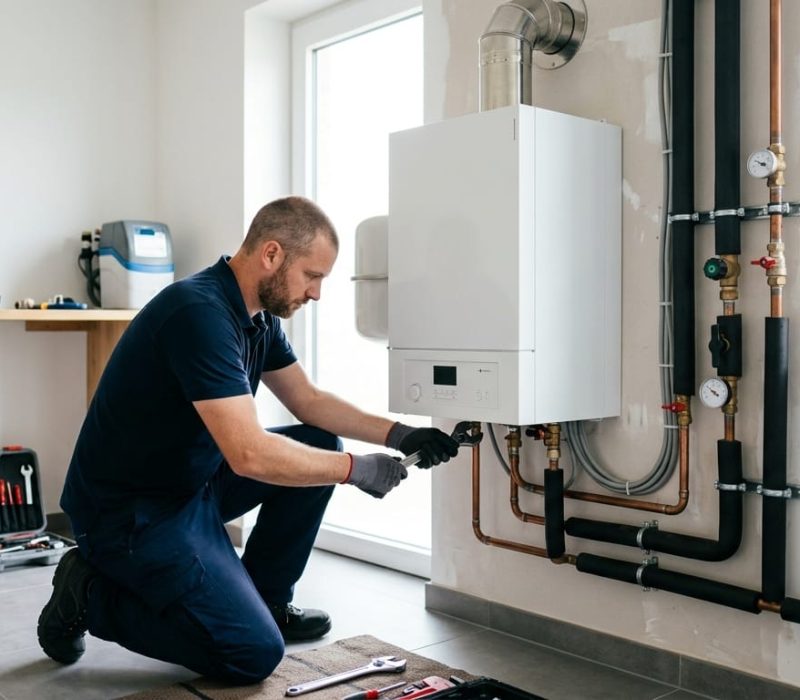 Technicien certifié réalisant une installation chauffage en Belgique sur une chaudière murale