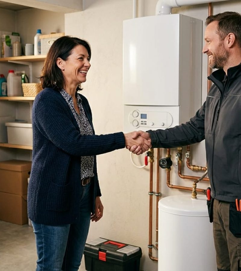 Technicien chauffage et propriétaire belge se serrant la main devant une chaudière entretenue