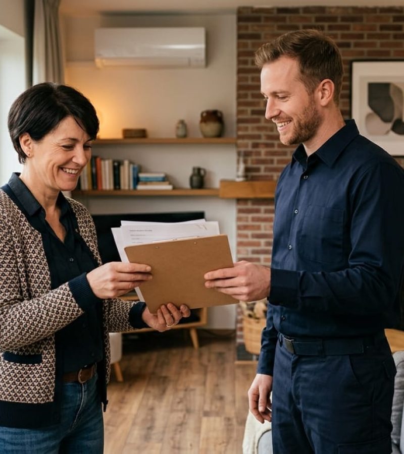 Technicien chauffage remettant un rapport d'installation à un propriétaire satisfait en Belgique