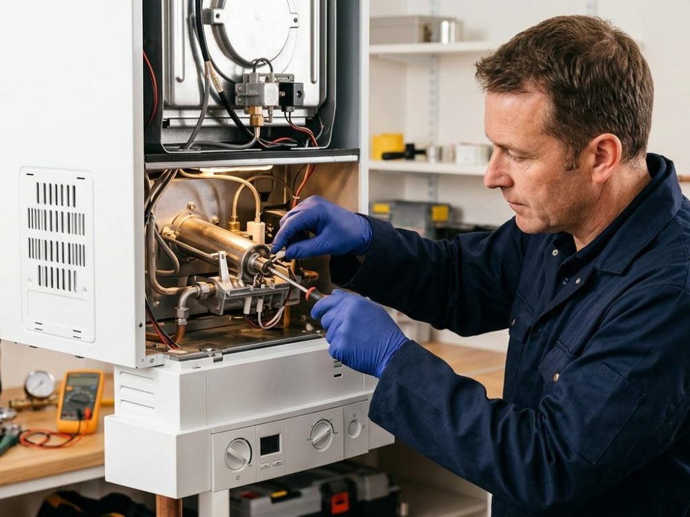 Technicien chauffagiste réparant une chaudière à gaz en Belgique avec outils professionnels