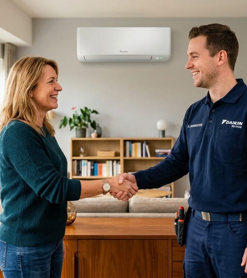 Technicien Daikin serrant la main d'une cliente satisfaite après dépannage climatisation en Belgique