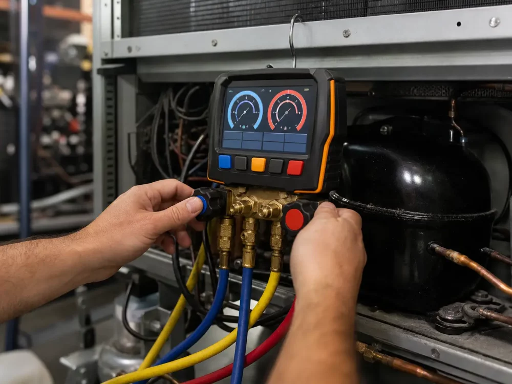 Technicien effectuant un dépannage de vitrine réfrigérée en Belgique avec un manomètre numérique.