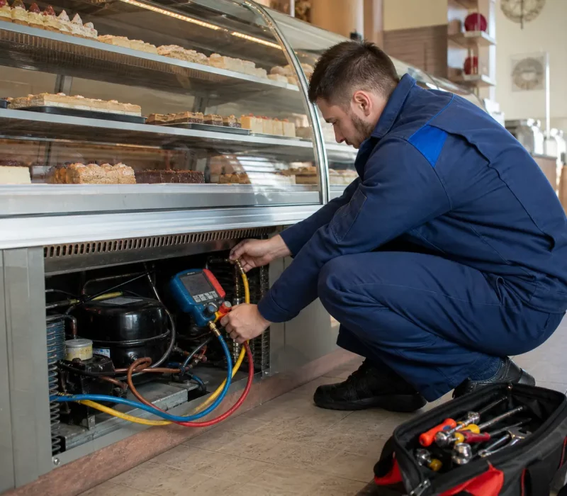 Technicien effectuant un dépannage vitrine réfrigérée belgique dans une pâtisserie.