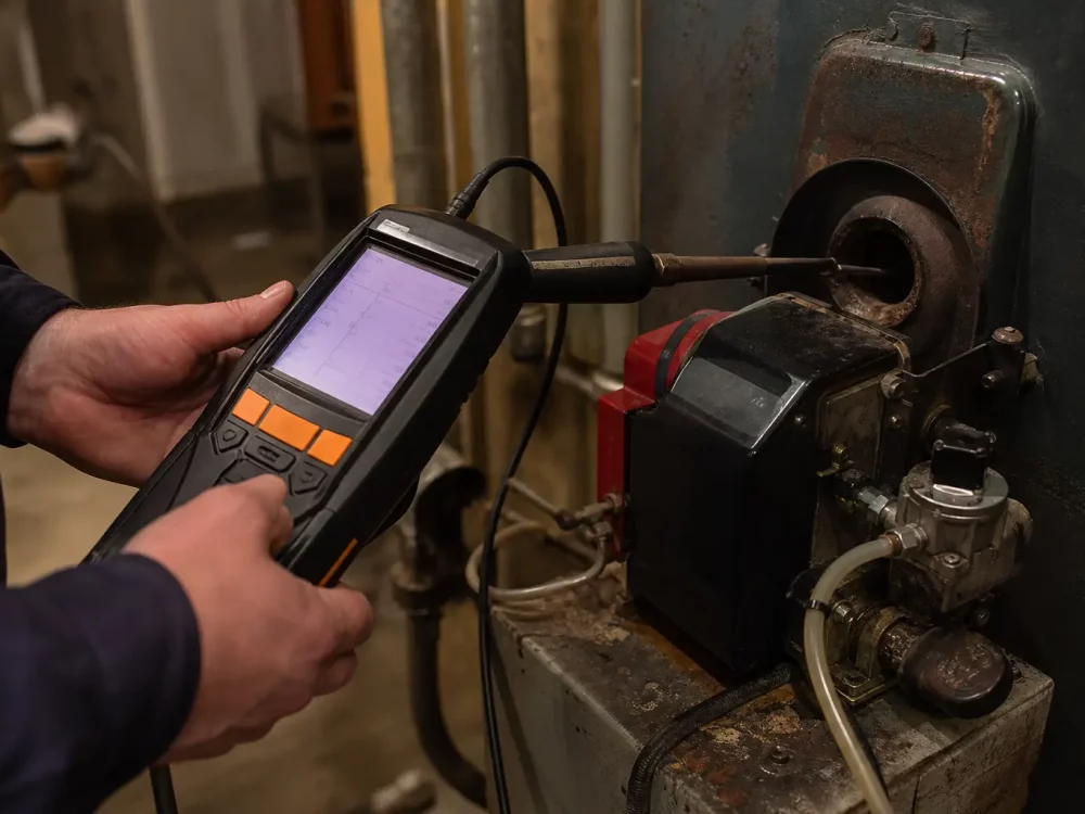 Technicien effectuant un test de combustion lors du remplacement ancienne chaudière
