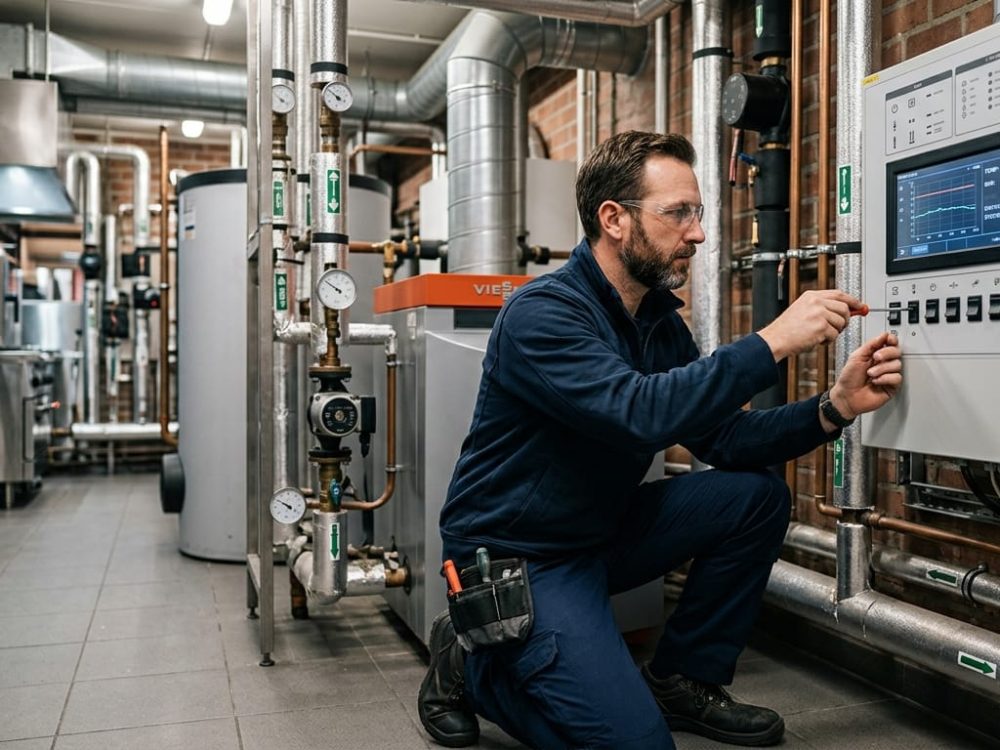 Technicien en dépannage chauffage vérifiant un tableau de contrôle dans une chaufferie commerciale en Belgique