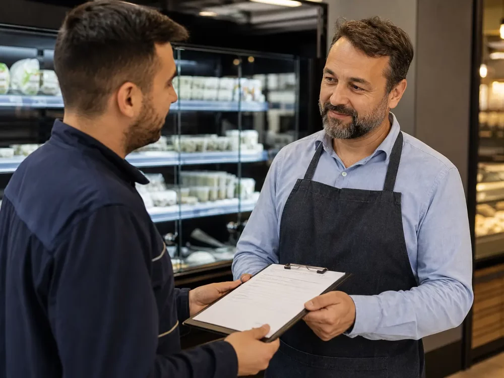Technicien en dépannage vitrine réfrigérée belgique discutant avec un commerçant.
