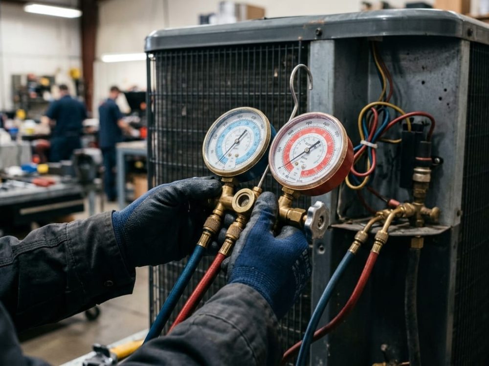 Technicien HVAC vérifiant les manomètres de pression de réfrigérant sur unité de climatisation