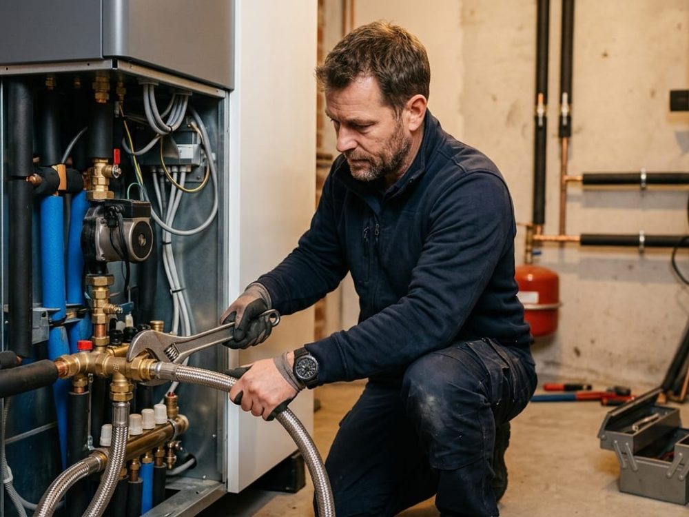 Technicien qualifié installant un système de pompe à chaleur en Belgique