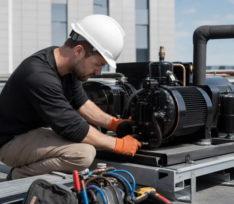 Technicien réalisant une installation groupe frigorifique en Belgique sur un toit.
