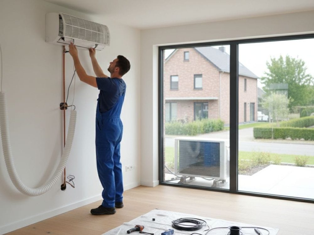 Technicien Refritech installant un climatiseur mural dans une maison moderne en Belgique