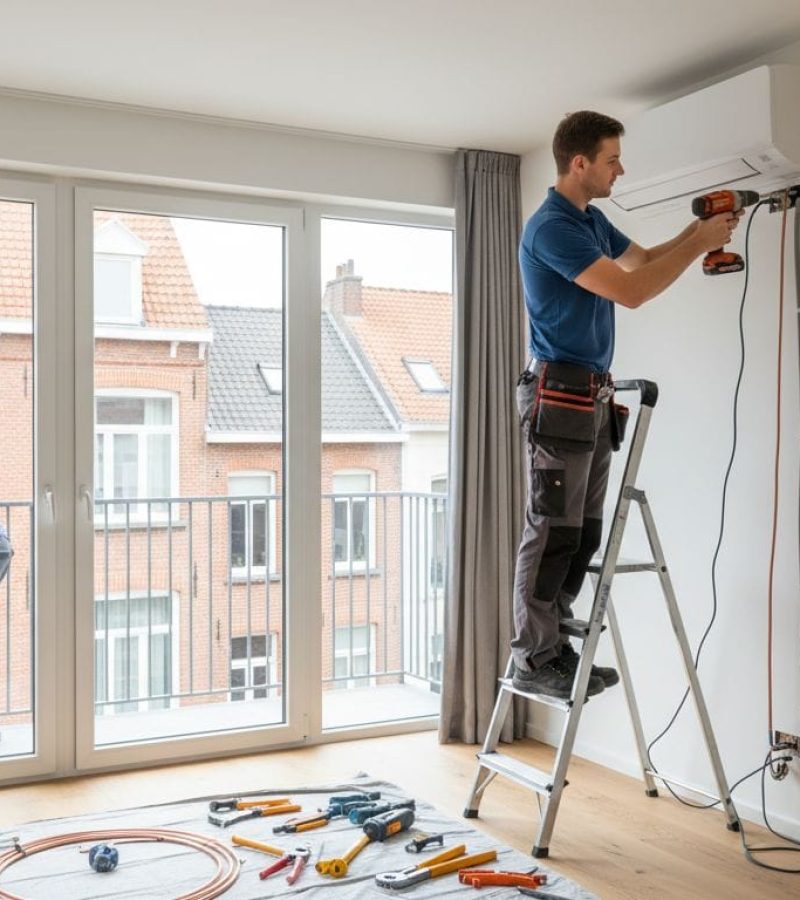 Technicien Refritech installant une unité de climatisation murale dans un appartement belge