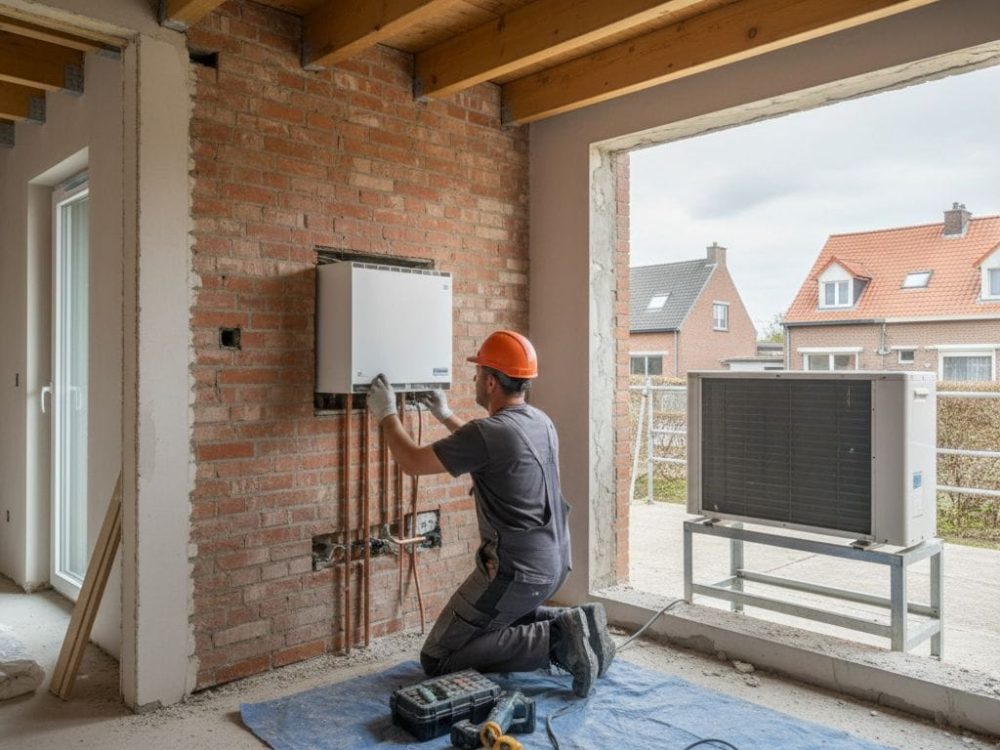 Technicien Refritech installe un système de climatisation dans une maison belge en rénovation