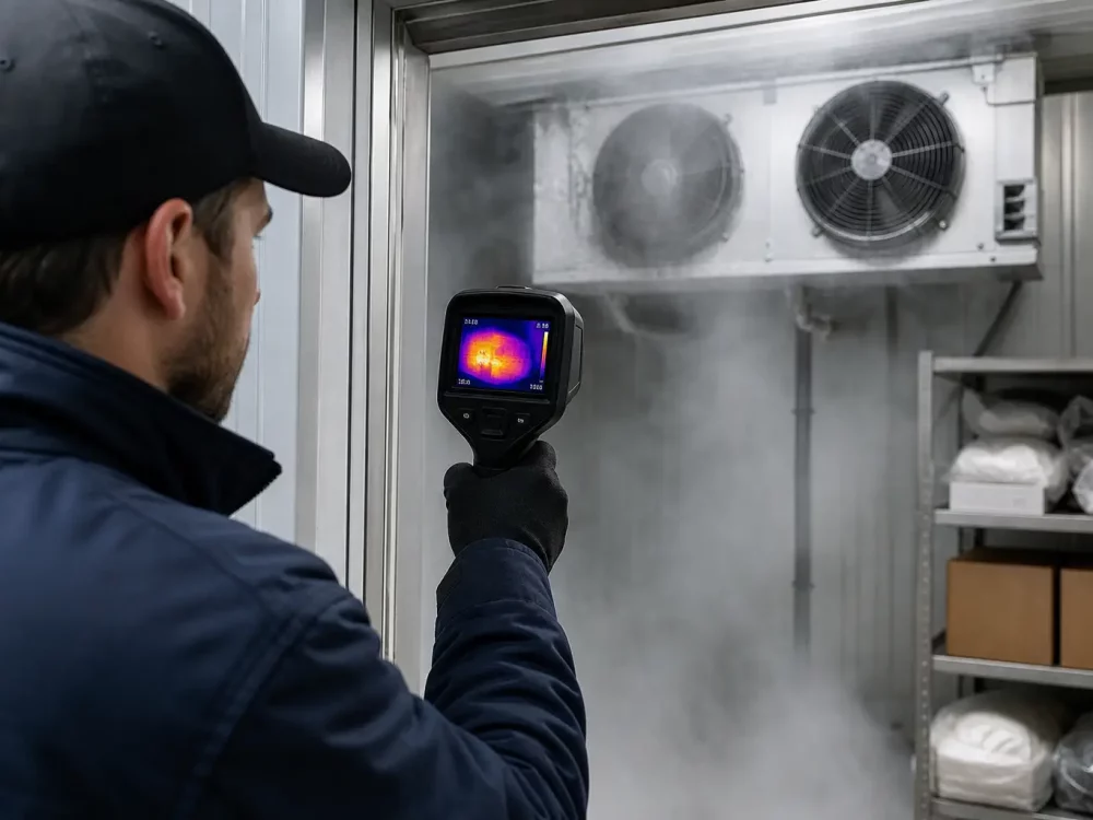 Technicien utilisant une caméra thermique pour un dépannage de chambre froide en Belgique.