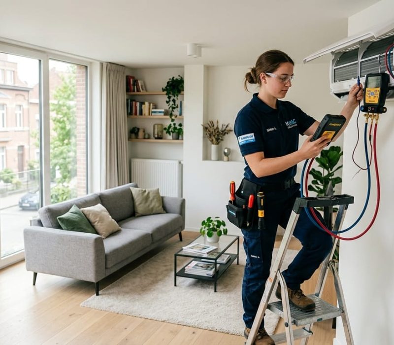 Technicienne HVAC diagnostiquant une climatisation murale – Dépannage Climatisation en Belgique