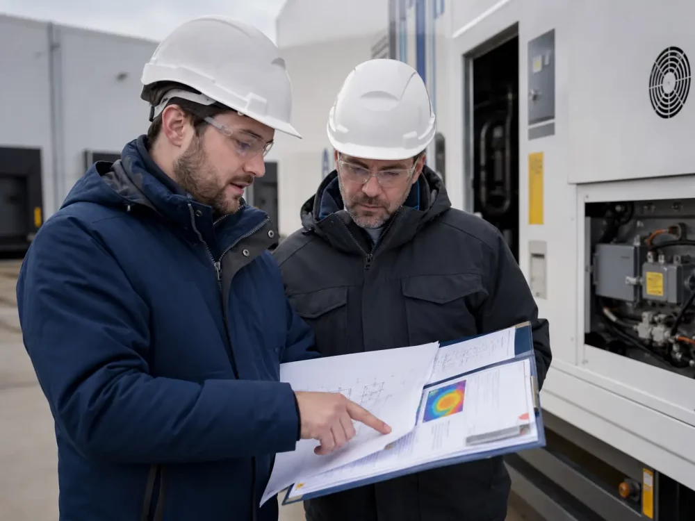 Techniciens étudiant les plans pour une installation chambre froide en Belgique.