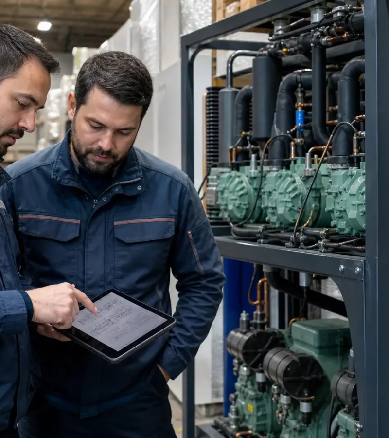 Techniciens préparant l'installation d'un groupe frigorifique en Belgique.