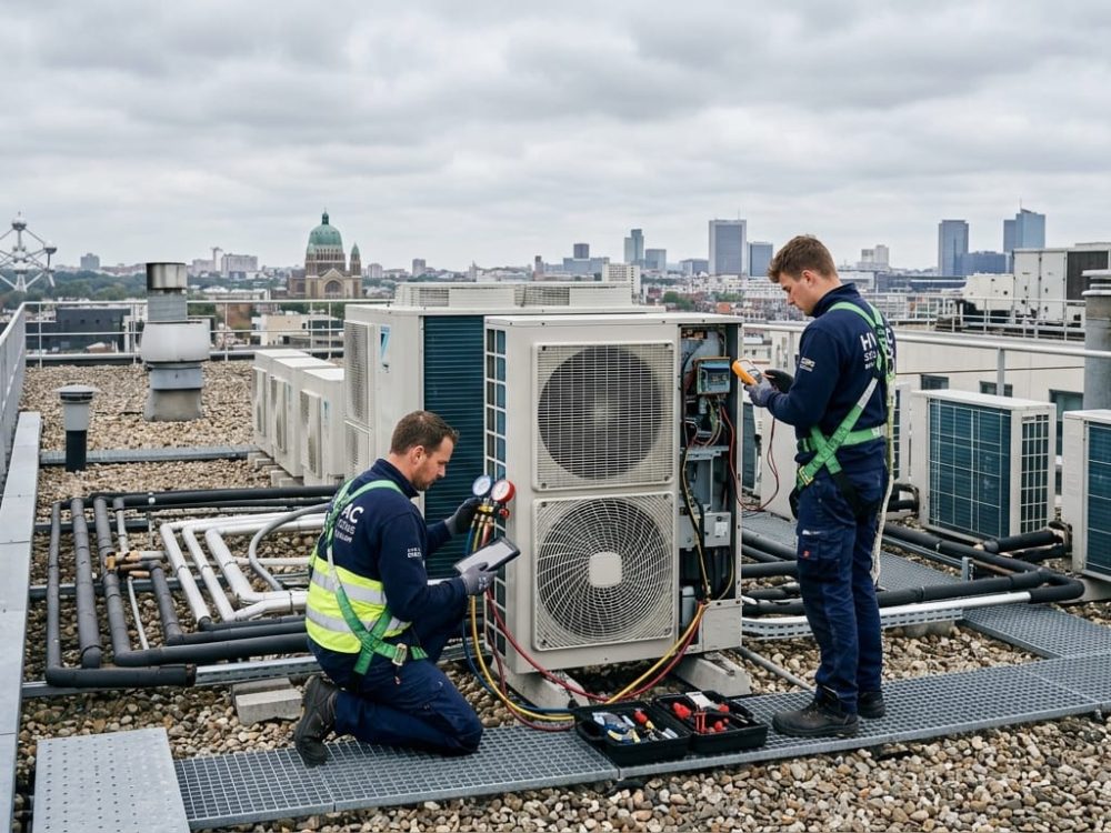 Techniciens Refritech dépannage climatisation sur toiture immeuble Bruxelles