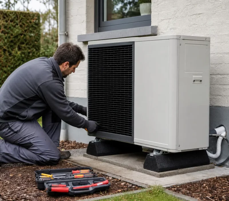 Travaux d'installation pompe à chaleur chauffage par un technicien qualifié en extérieur.