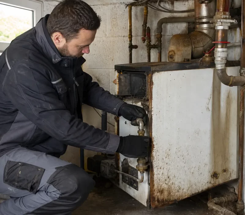 Un technicien inspecte une installation avant le remplacement ancienne chaudière.